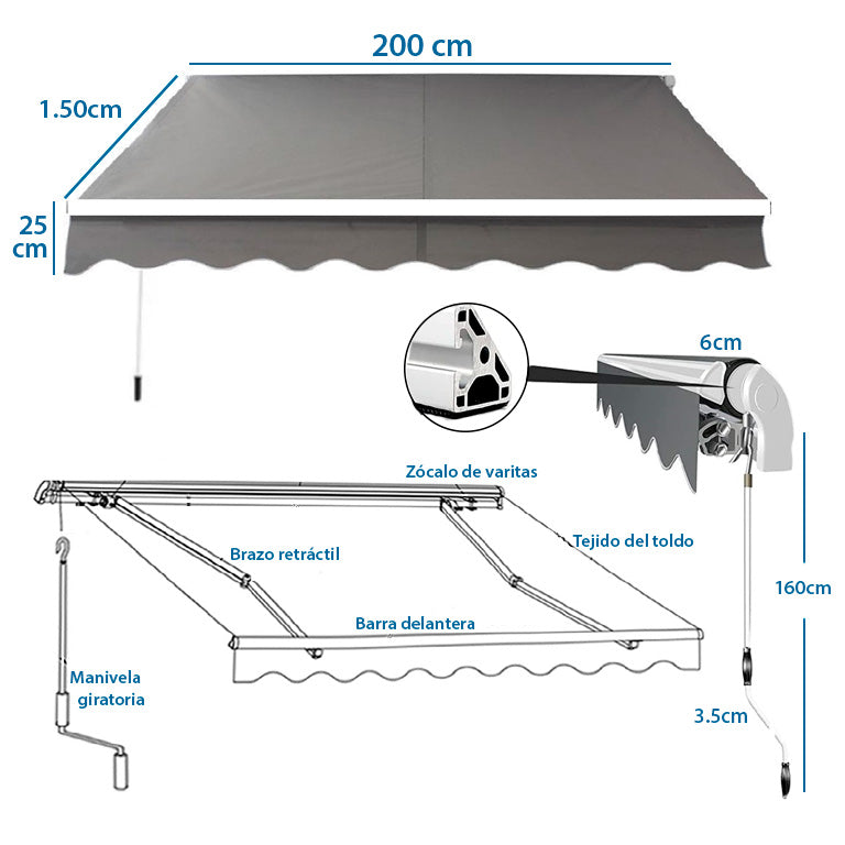 TOLDO BRAZO RETRÁCTIL TERRAZA GRIS 2x1.5mt