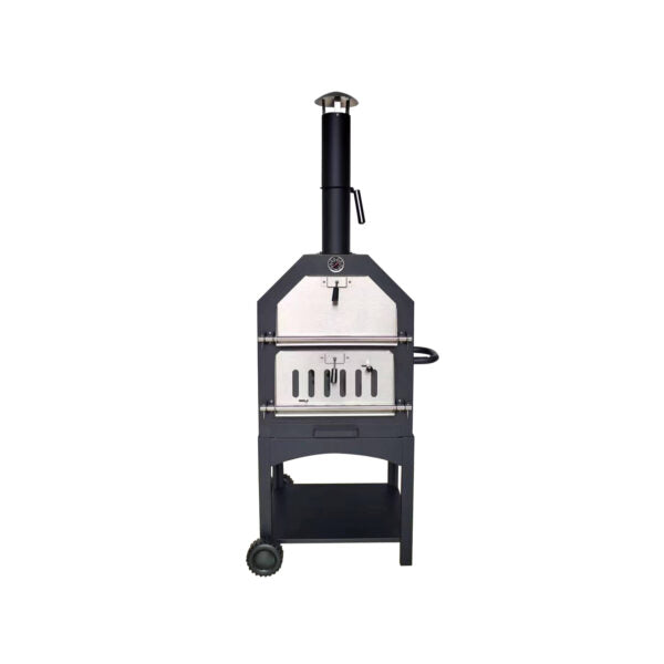 HORNO PIZZA CARBON ACERO CHIMENEA TERMOMETRO CON RUEDAS