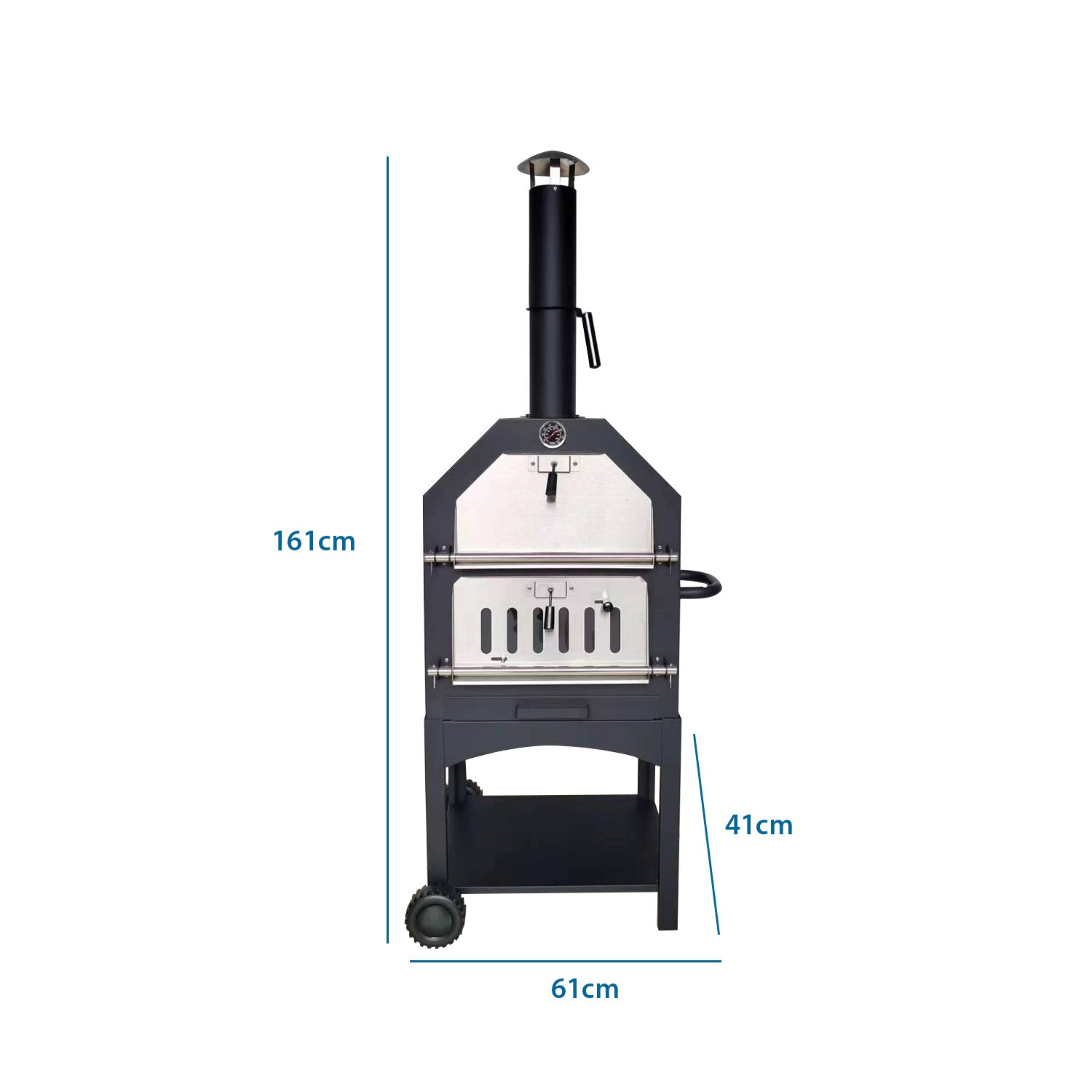 HORNO PIZZA CARBON ACERO CHIMENEA TERMOMETRO CON RUEDAS