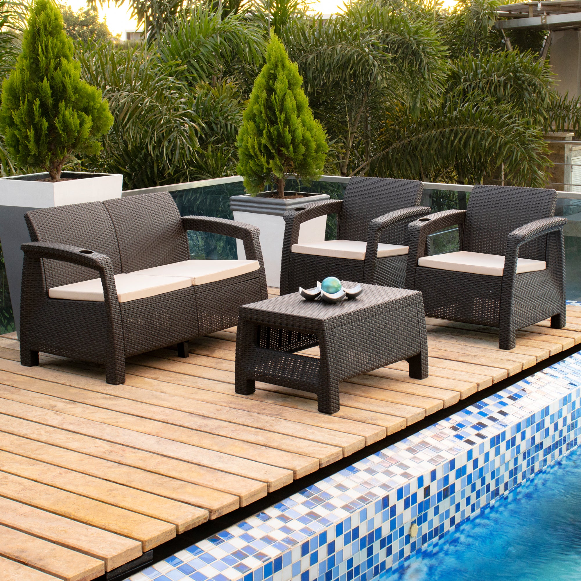 JUEGO LIVING SOFA RATAN FERRARA COMFORT COLOR MARRON OSCURO