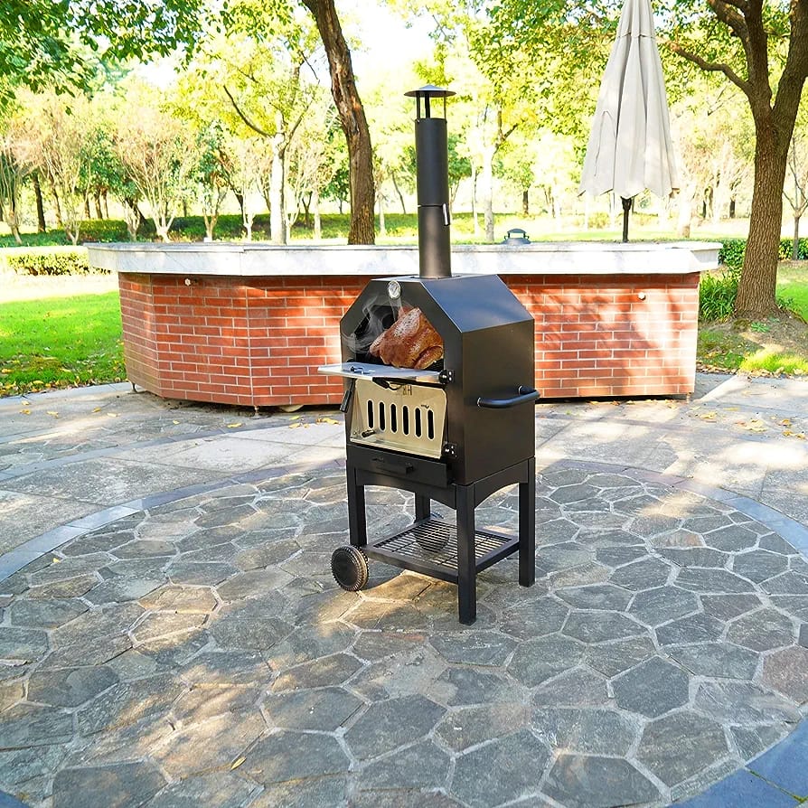 HORNO PIZZA CARBON ACERO CHIMENEA TERMOMETRO CON RUEDAS