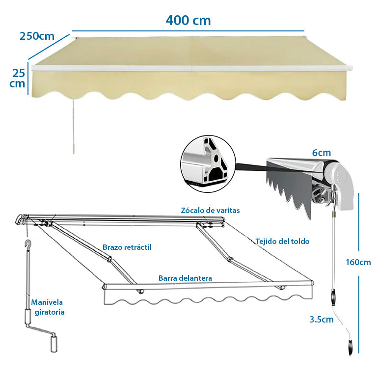 TOLDO BRAZO RETRÁCTIL TERRAZA CRUDO 4x2.5 mts