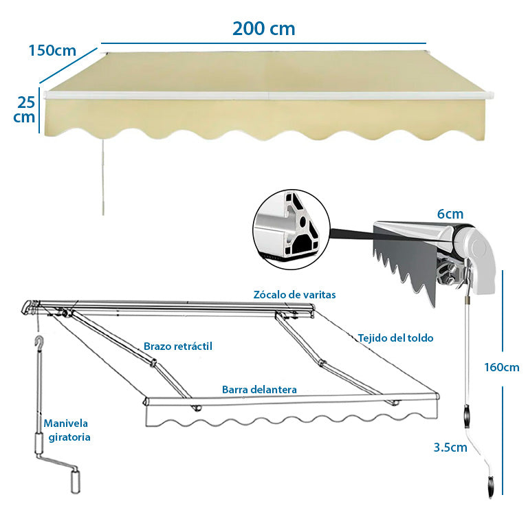 TOLDO BRAZO RETRÁCTIL TERRAZA CRUDO 2x1.5 mts