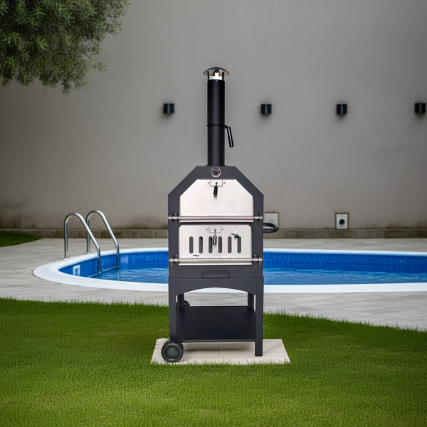 HORNO PIZZA CARBON ACERO CHIMENEA TERMOMETRO CON RUEDAS