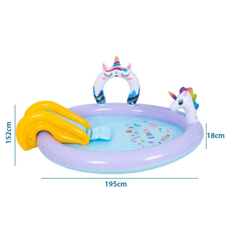 PISCINA DE JUEGOS INFLABLE LANZA AGUA UNICORNIO 195x152 CM