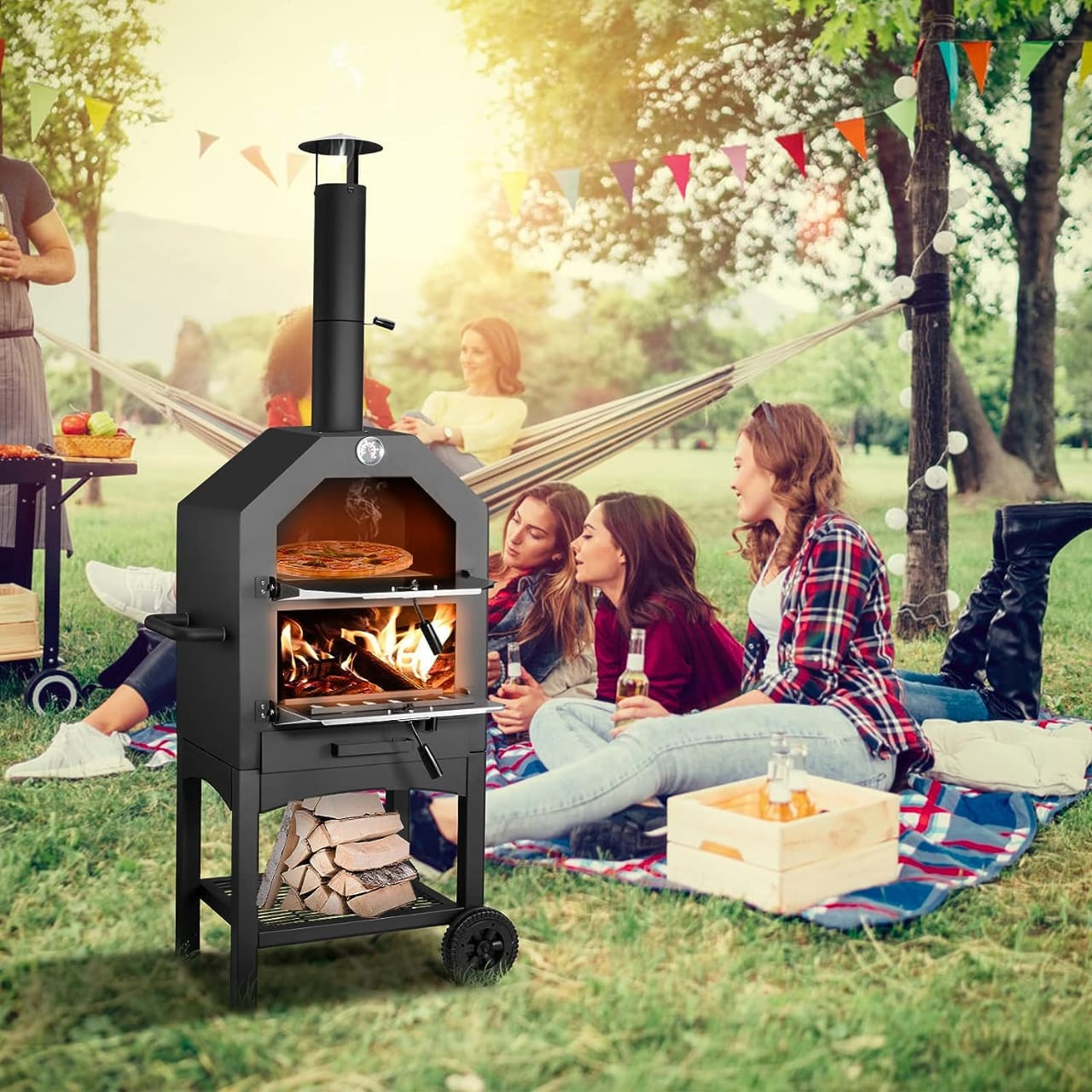 HORNO PIZZA CARBON ACERO CHIMENEA TERMOMETRO CON RUEDAS