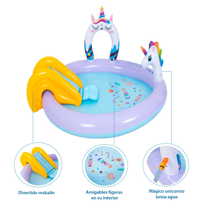 PISCINA DE JUEGOS INFLABLE LANZA AGUA UNICORNIO 195x152 CM